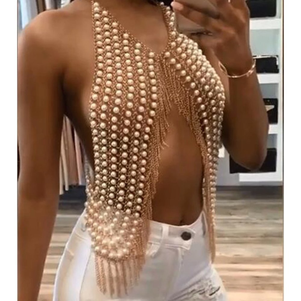 Gold Faux Pearl Chain Tassel Body Jewelry Rave Halter Crop Top